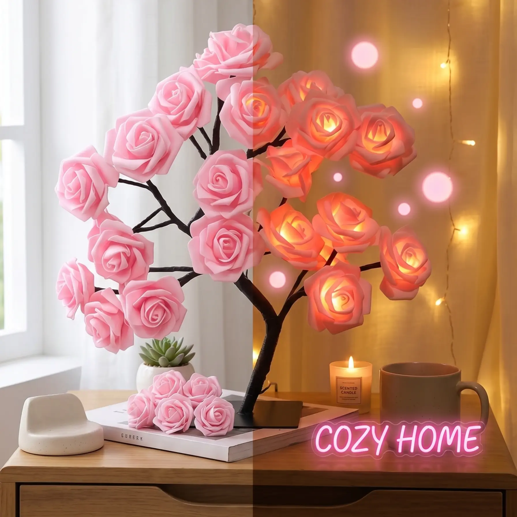Rose Flower Design Tree Night Light, USB & Moblie Lights, USB Powered Table Lamp, Versatile Indoor Room Lights for Bedroom, Holiday Decorative Lights, Perfect Valentine's Day Gift & Home Decor, Nightlight For Bedroom, Mother's Day Gift summerwins