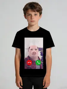 Boys' Short Sleeve T-Shirt "John Pork Call-In Style" with a black background, a funny pig face call-in meme print, round neck, skin-friendly, breathable, and sweat-free, suitable for daily school wear, outdoor play, and summer outings with different looks