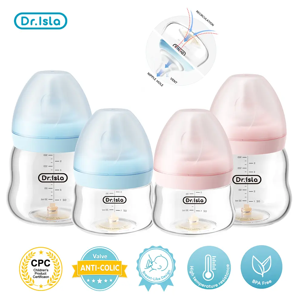 Dr.Isla Bottom Air-Balance Glass Baby Bottle, Anti Colic Nursing Bottle for Newborn Breastfeeding 0-12M, 3oz/5oz, Constant Pressure No-Bubble Design Ends Gas & Midnight Tears, 600°C Borosilicate Glass, BPA-Free, Wide-Mouth Easy Clean