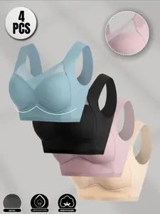 [4-Pack] Cloud-Soft Breathable Seamless Bra, Wire-Free Comfort Sleep Bralette, Wide Strap Everyday Casual Underwear, Removable Pads S-2XL, Womenswear