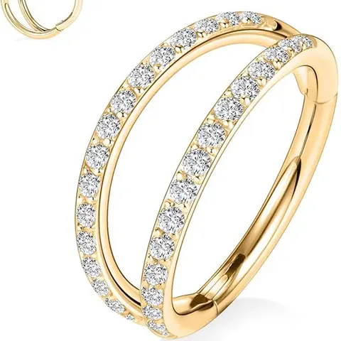 1 Pc 18K Gold Plated Double Band Crossing Cubic Zirconia Septum Clicker Hoop, Hypoallergenic 316L Surgical Steel Hinged C-Shaped Nose Ring, Body Jewelry, Body Jewellery, Dainty Inlaid Zircon Body Septum Piercing Accessory for Women