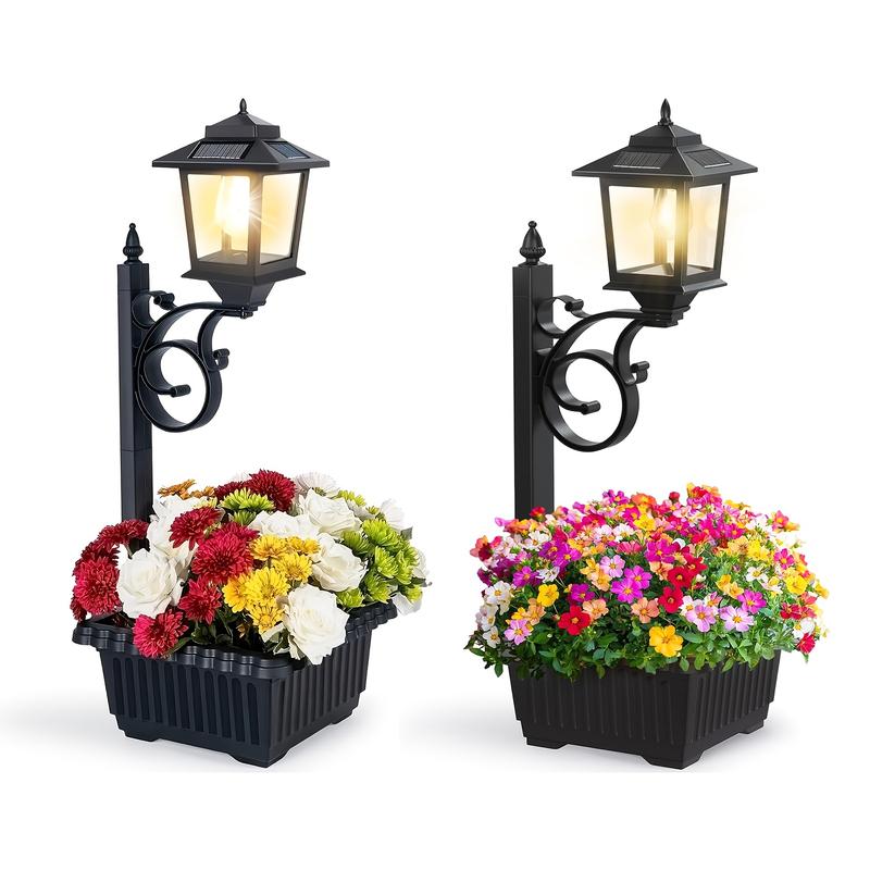 Hoodink 2 Pcs Solar Post Light With Planter, Room Decor For Easter Wedding Decorations, Black Post Light, 2 In 1 Outdoor Solar Post Light For Porch Front Door Patio Roadside Decoration