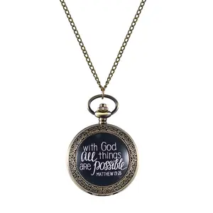 OIDEA Bible Matthew Verse Pocket Watch, Quartz Antique Bronze Necklace Watch, "With God All Things Possible" Engraved Case, Christian Gift