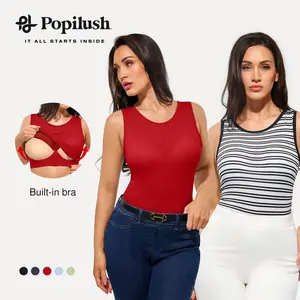 Popilush Women's Sleeveless Tank Top with Built in Bra, Burgundy Fitted Crew Neck Crop Top, Soft Stretchy Casual Workout Shirt for Summer