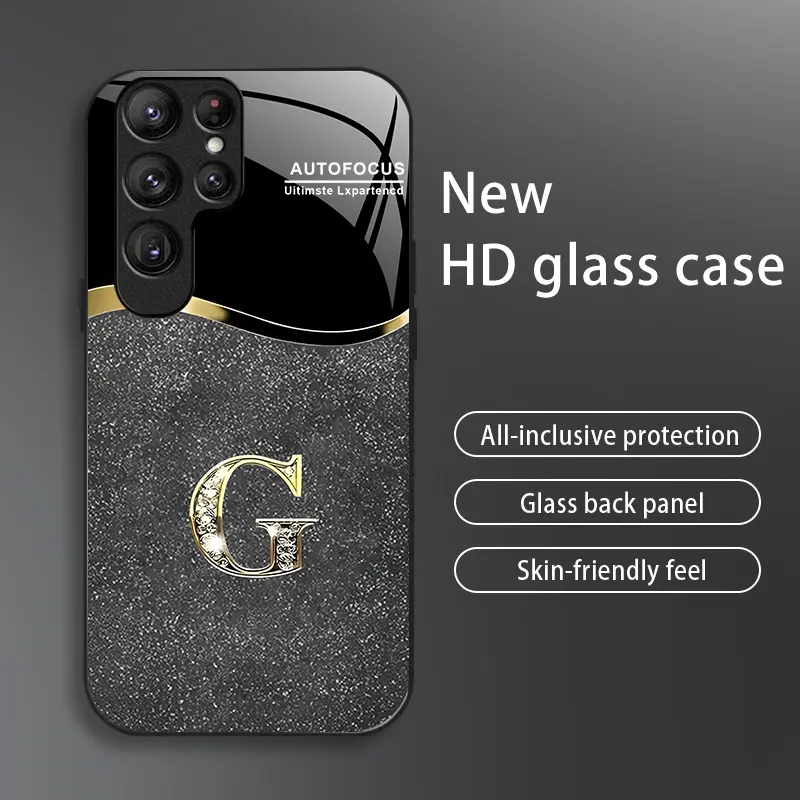 Galaxy S23 Ultra Glass Mobile Phone Case, High-End Flashing Letter Design, Business Simple Metal Paint Electroplated, Affordable Anti-Fall Anti-Fingerprint Phone Accessories-888, Hd Glass Back, Sleek