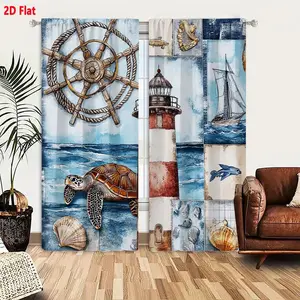 2D Flat  Nautical Lighthouse & Sea Turtle Printed Blackout Curtains 2-Pack, Ocean Sailboat & Seashells Patterned Window Drapes for Bedroom Living Room, Red White Striped Lighthouse, Blue Ocean, Brown Turtle, Home Decor