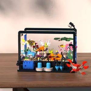 TENHORSES Fish Tank Building Block Set with Marine Life Submarine Treasure Chest 2 Light Kits ABS Plastic Gift for Sea Lovers Ages 6+ Featuring Sharks Turtles Crabs and Other Realistic Ocean Creatures Colorful Colorful Turtles Crab