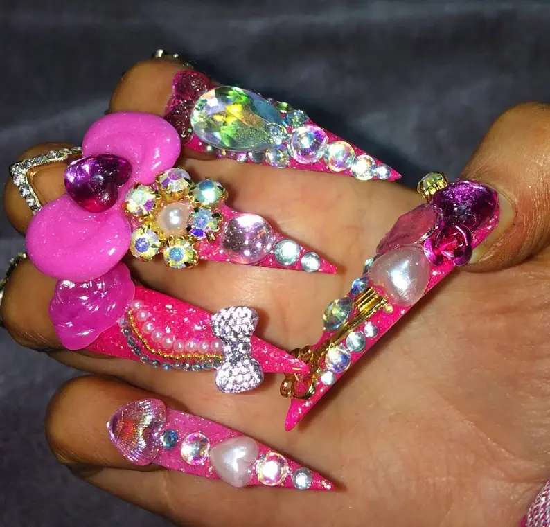Gyaru Lolita Princess Press-On False Nails, Pink Long Glitter Luxury Sparkly Nail Art Decorations