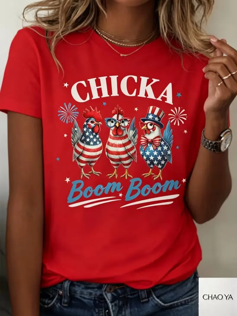 Women'S Patriotic CHICKA BOOM Graphic T-Shirt - Soft  Short-Sleeve Crew Neck Top with Cartoon Rooster And Firework Design, Perfect for Summer And 4Th of July Celebrations