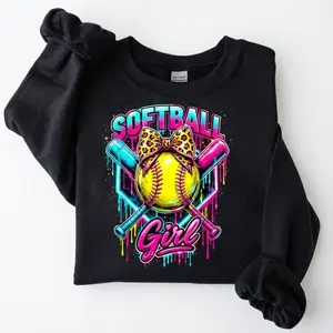 [MADE IN US] Retro 90s Softball T-Shirt - Crossed Bats Drip Print - Cute Travel Ball Player Gear