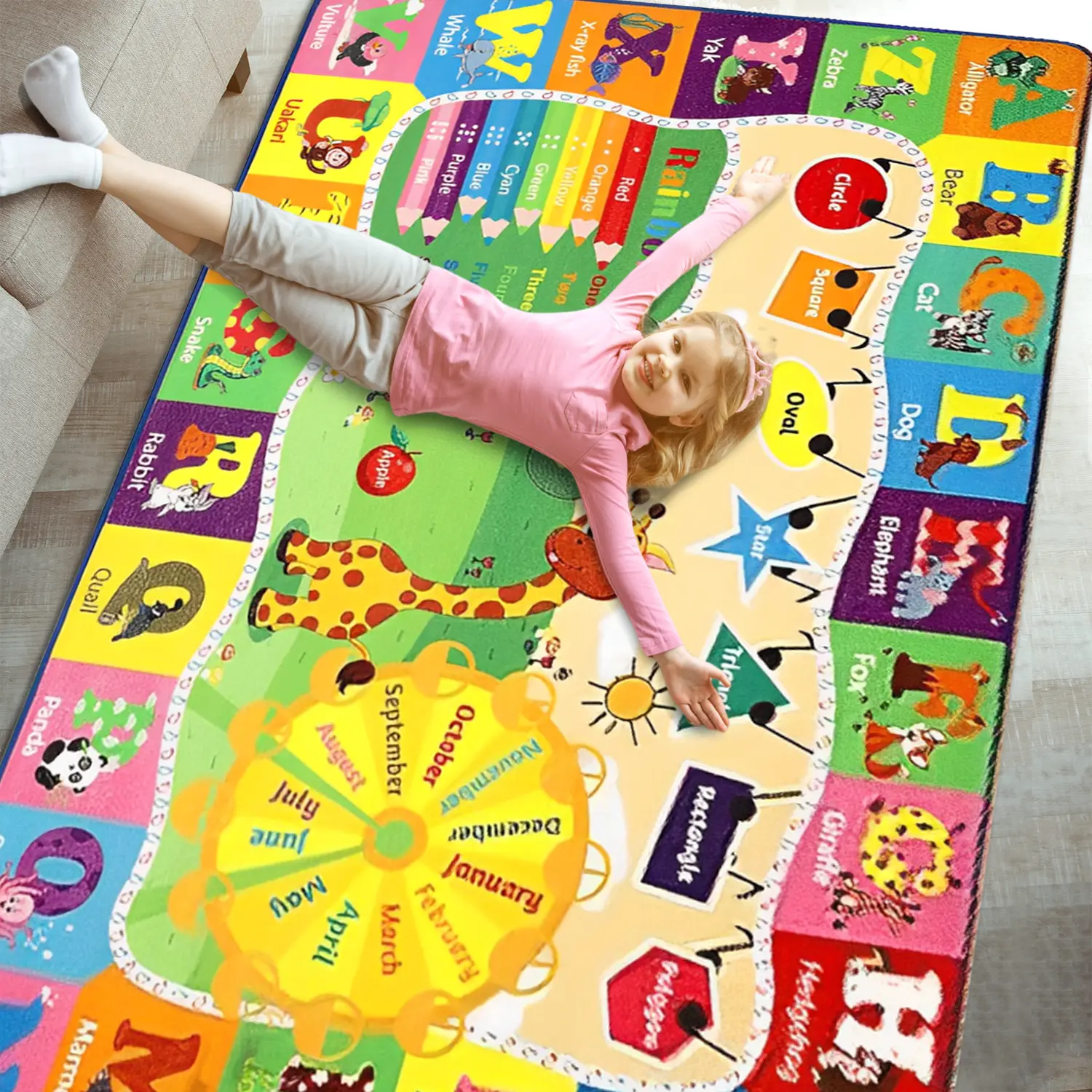 Educational Kid Area Rug for Playroom, 4x6 Feet TPR Non Slip Kids Classroom Carpet Rug for Learning ABC Animal, Shape Color Fruit, Washable Play Mat Rug for Children Nursery Toddler Room Decor,Beige/blue/green/purple/pink Vibrant Fun