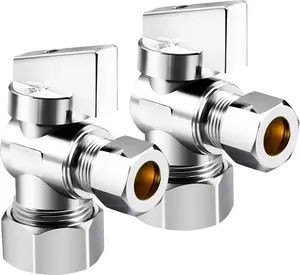 2 Pack Premium Brass (1/2" Nominal Comp) 5/8" OD Comp x 3/8 Inch OD Compression Quarter Turn Water Angle Stop Valve Shut Off