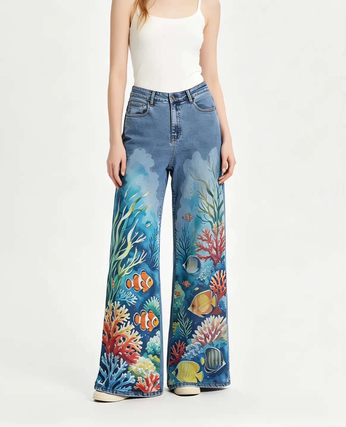 Oceanic Print Wide Leg Jeans for Women - Vibrant Coral and Fish Design - Comfortable and Stylish Denim Bottoms