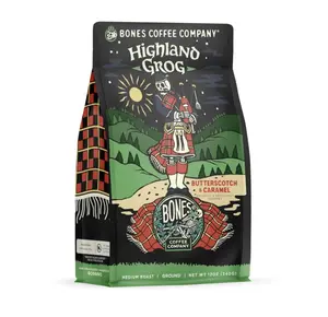 Bones Coffee Company Highland Grog Ground Coffee Beans, Butterscotch Caramel Flavor, Low Acid Flavored Coffee, Made with Arabica Coffee Beans, Medium Roast Gourmet Coffee (12 oz)