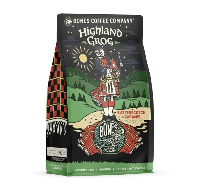 Bones Coffee Company Highland Grog Ground Coffee Beans, Butterscotch Caramel Flavor, Low Acid Flavored Coffee, Made with Arabica Coffee Beans, Medium Roast Gourmet Coffee (12 oz)