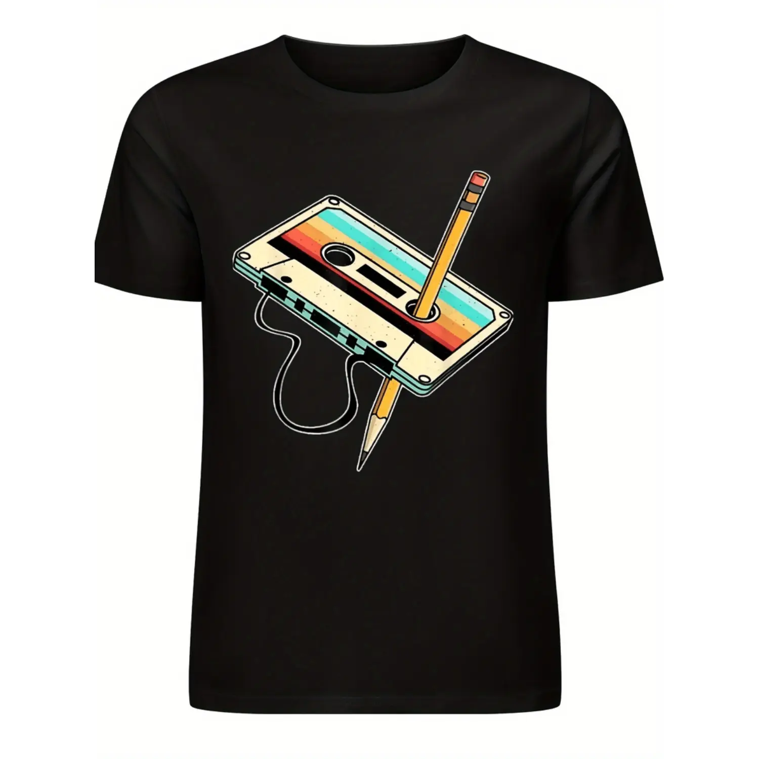 [100% Cotton] 80s Cassette Tape Pencil 1980s Retro Nostalgic Music T-Shirt - Men'S Casual Round Neck T-Shirt