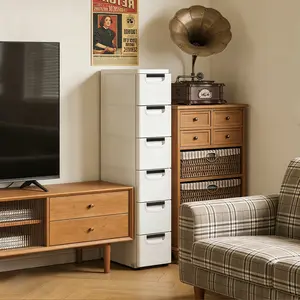 CNCEST 6-Drawer Rolling Storage Cabinet with Wheels, White PP Slim Organizer - 15.7 Inch Narrow Tower for Bedroom, Office & Laundry Room (77lbs Capacity)