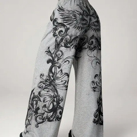 Gothic Wing Print Elastic-Waist Wide-Leg Baggy Oversized Sweatpants, Y2K Grunge & Edgy Aesthetic Loose Fit Versatile Streetwear Casual Comfy Baggy