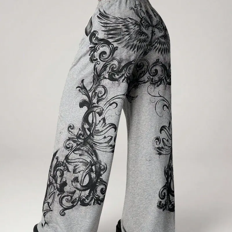 Gothic Wing Print Elastic-Waist Wide-Leg Baggy Oversized Sweatpants, Y2K Grunge & Edgy Aesthetic Loose Fit Versatile Streetwear Casual Comfy Baggy