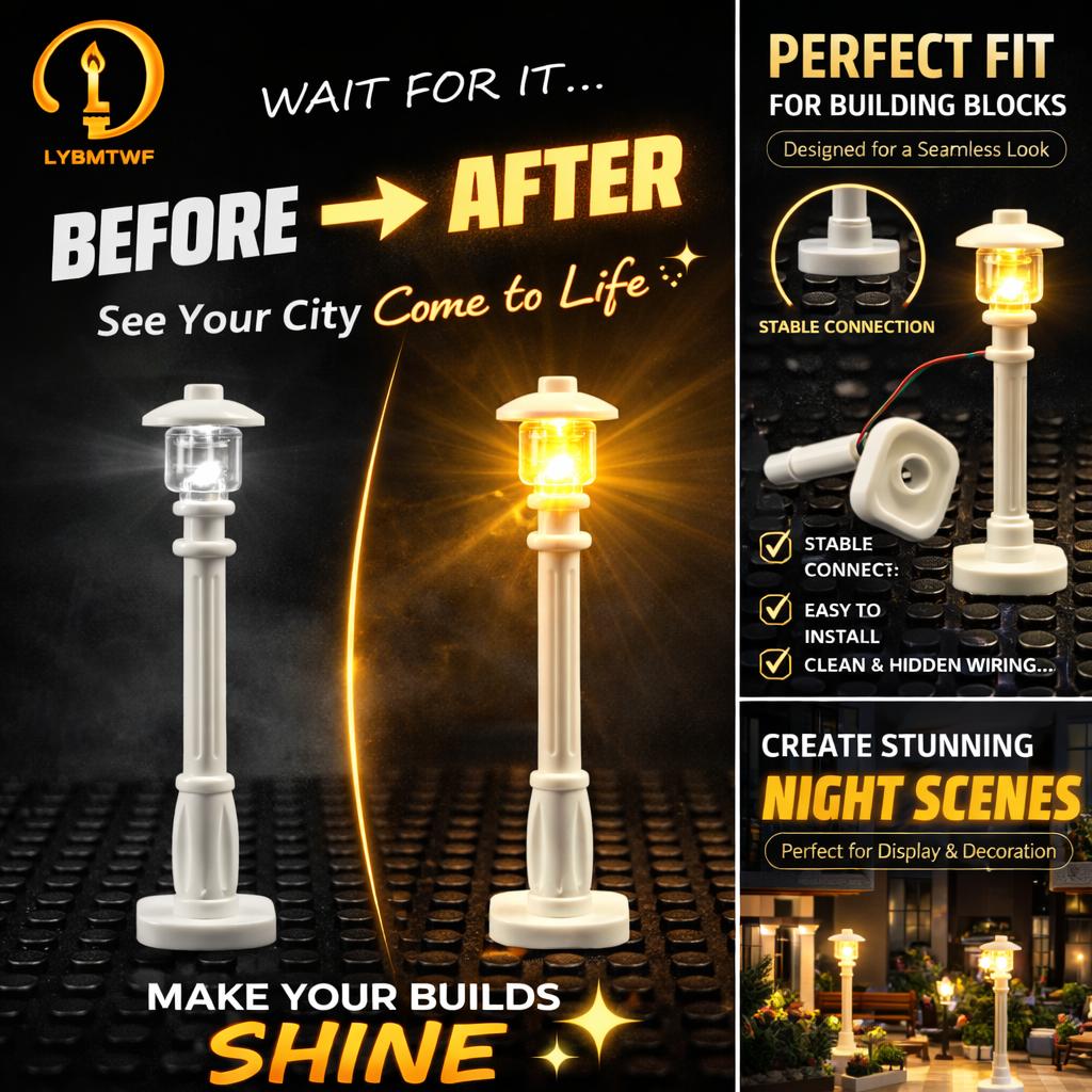 LYBMTWF 10PCS LED Street Light Kit for Building Blocks – Battery Operated USB City Lamp Post Accessories Warm Light DIY Upgrade for Display Case Diorama Mini Bricks