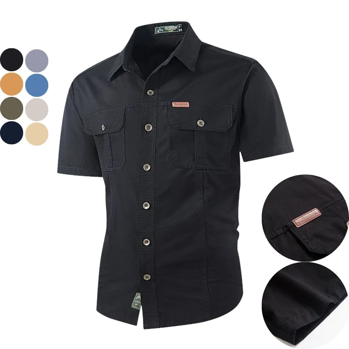 Men's Stylish Outdoor Short-Sleeve Shirt, Breathable Multi-Patch Pocket Casual Collared Tops for Spring-Summer Black Menswear, Shortsleeve