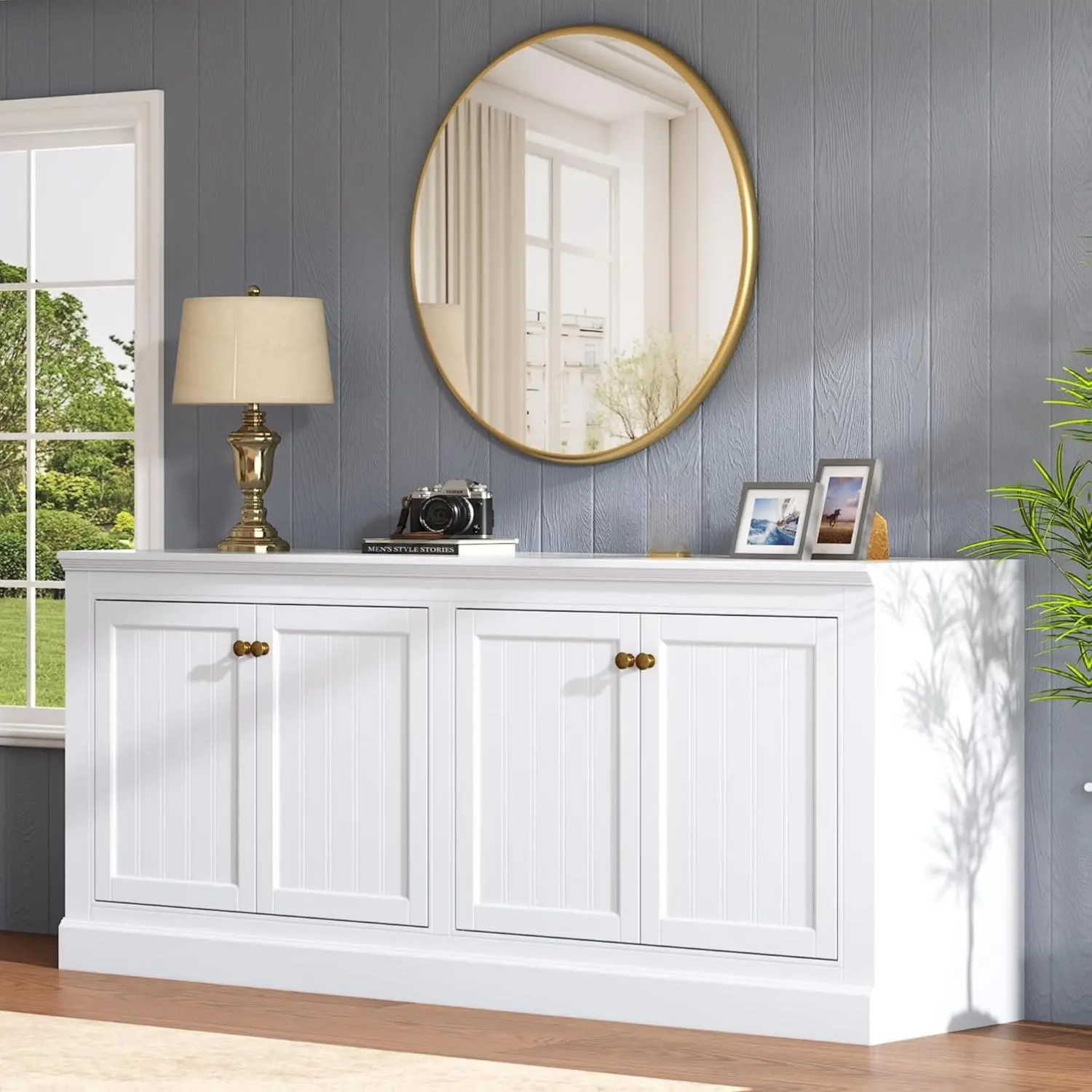 [Summerwins] [SummerFinds] AMERLIFE 72" Farmhouse Sideboard Buffet Cabinet with Barn Doors, Storage Console Table with Adjustable Shelves, Coffee Bar/TV Stand for Living Room, Kitchen, Entryway, White,Black,Green