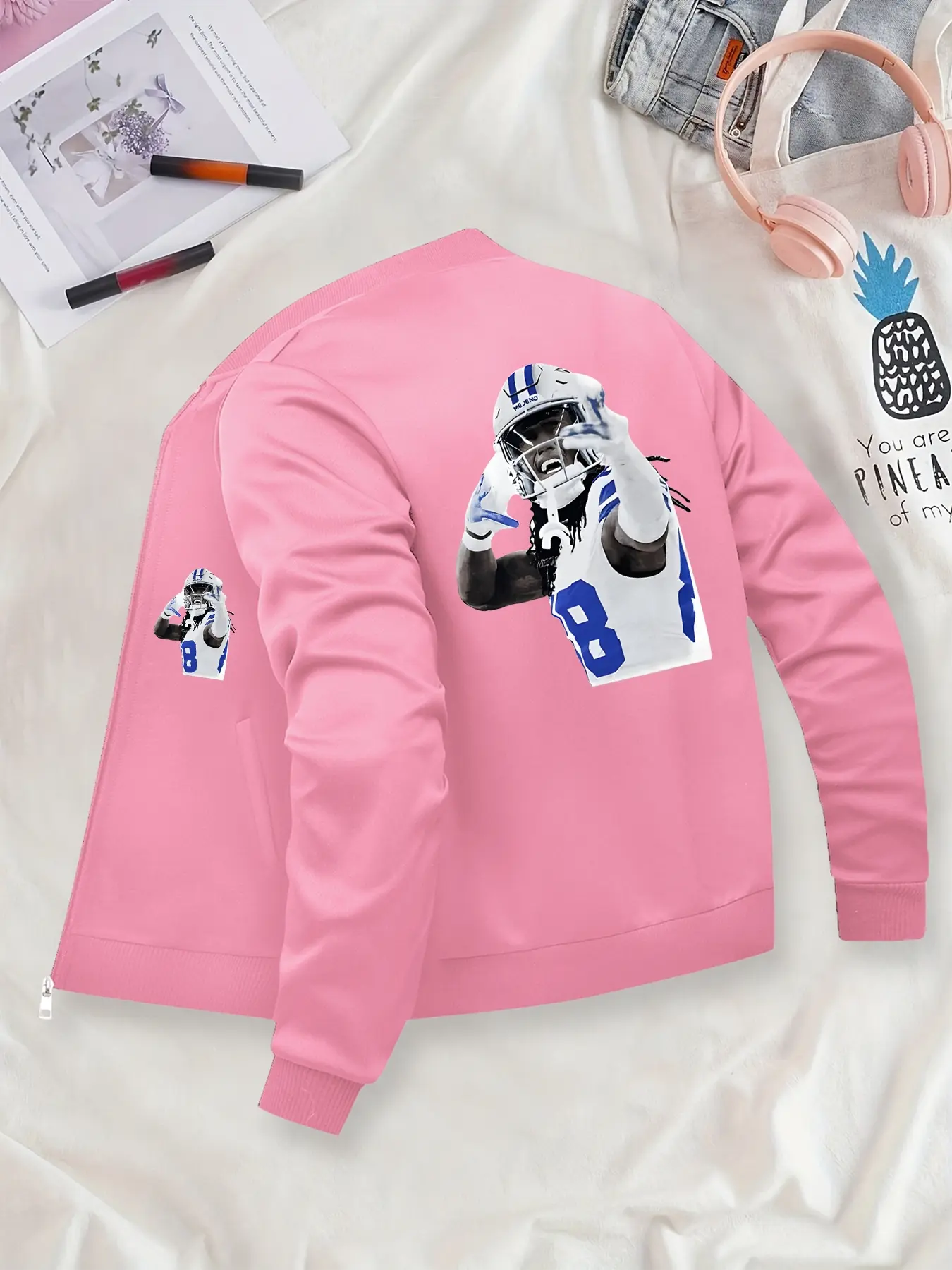 American Football Player Printed Jacket - Men's Baseball Collar Zip-Up Jacket. Durable & Stylish Outerwear, Suitable for Daily Wear, Multi-Season Design.