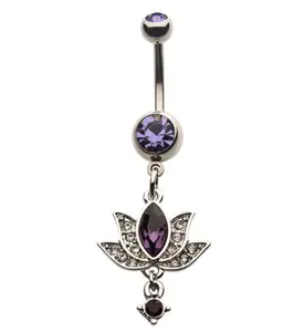Lotus Flower Purple Gem Belly Ring