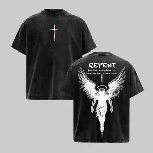 Repent Vintage Washed Oversized Christian T-Shirt, Angel Wings Faith Graphic Tee, “Kingdom of Heaven Has Come Near” Gospel Streetwear Top, Heavy Cotton Unisex Retro Worship Shirt outdoorfun