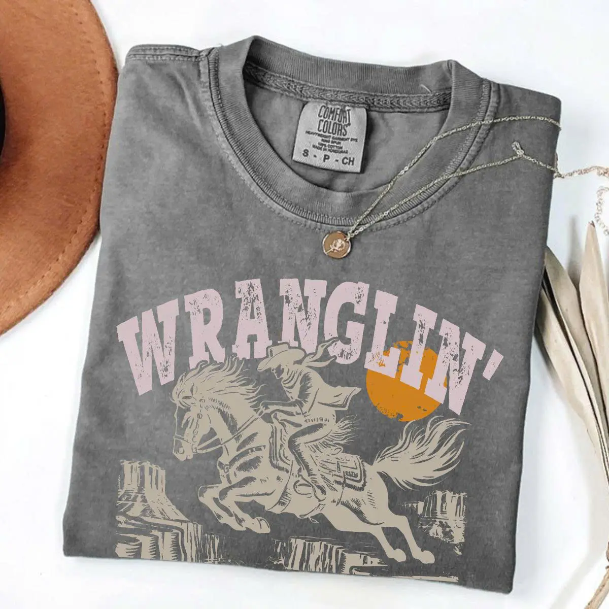 Comfort Colors Vintage Wranglin' Feral Children, Graphic Tee, Western Graphic TShirt, Feral Mom Gift, Somebody's Feral Wife, Mom Life Tshirt
