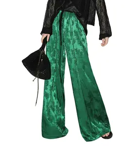 heipeiwa Women's Satin Wide Leg Pants Floral Textured Silky Casual Slacks High Waist Pants Loose Fit Baggy Party Clubwear Streetwear