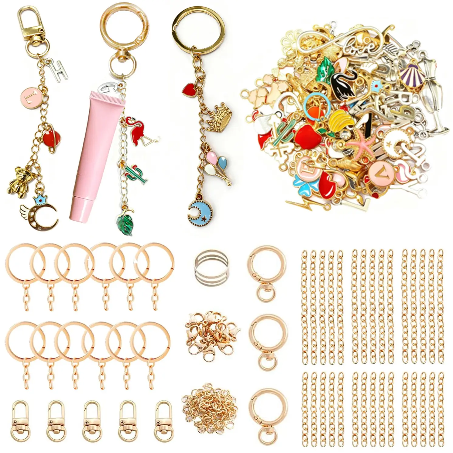 DIY Lipstick Keychain Making Kit, Keychain Set, Keyrings, Trendy Cute Keychain, Cute Keychains For Car Keys, Includes 20 Keychains, 30 Extender Chains, 100 Pendants, Birthday Gift, Christmas Stocking Gift