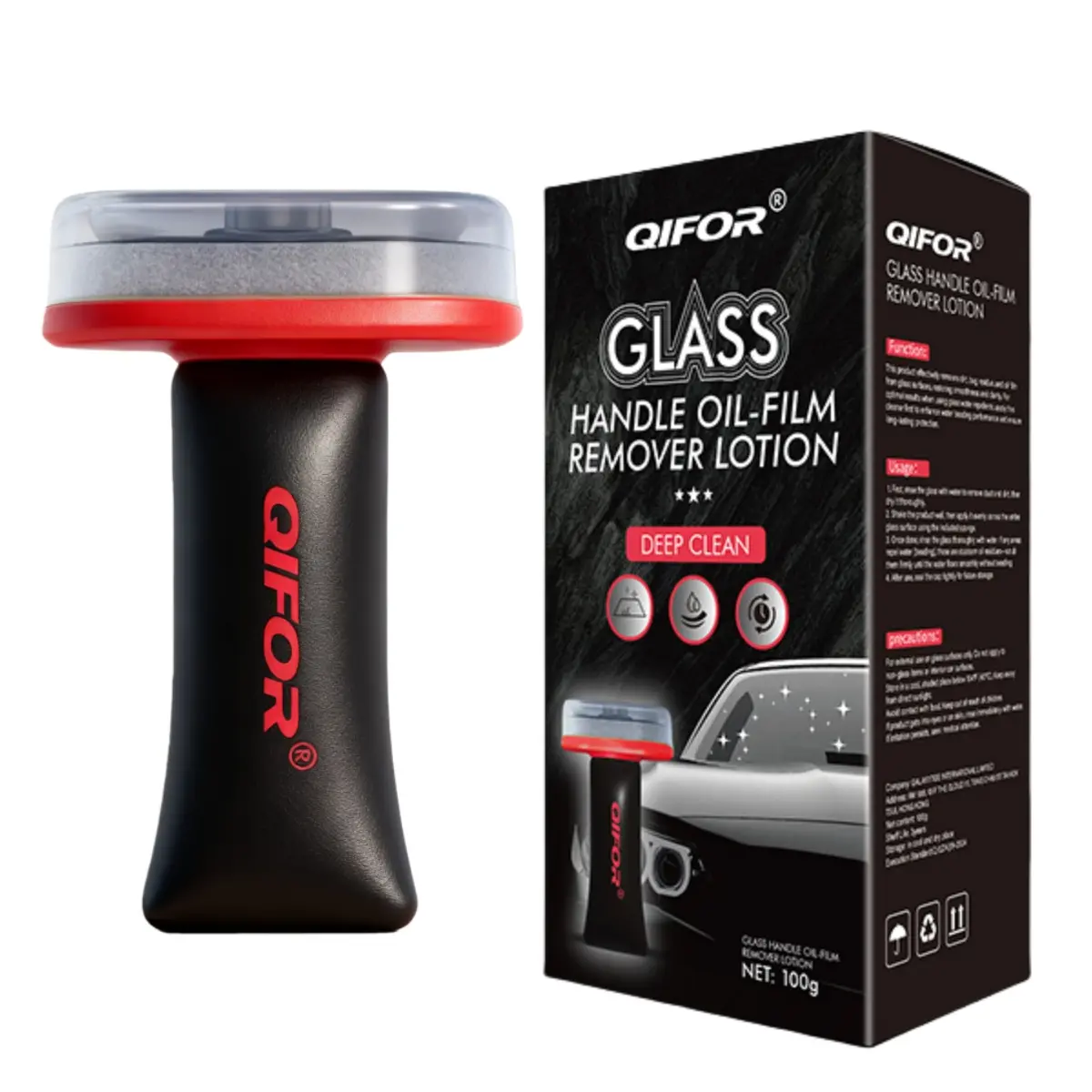 QIFOR Glass Oil Film Remover for Car,Roll-On Glass Compound with Cleaning Board,Removes Oil Film & Smudges,Universal Anti-Rain Fog BrushOil Film Remover for Car Windshields and Windows(100g)