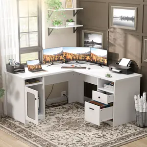 L-Shaped Computer Gaming Desk with Drawer, 60 Inch Office Desk with Power Outlets and USB Ports, Large L Shape Corner Desks with File Cabinet, 2 Person Home Office Table with Storages gaming desk