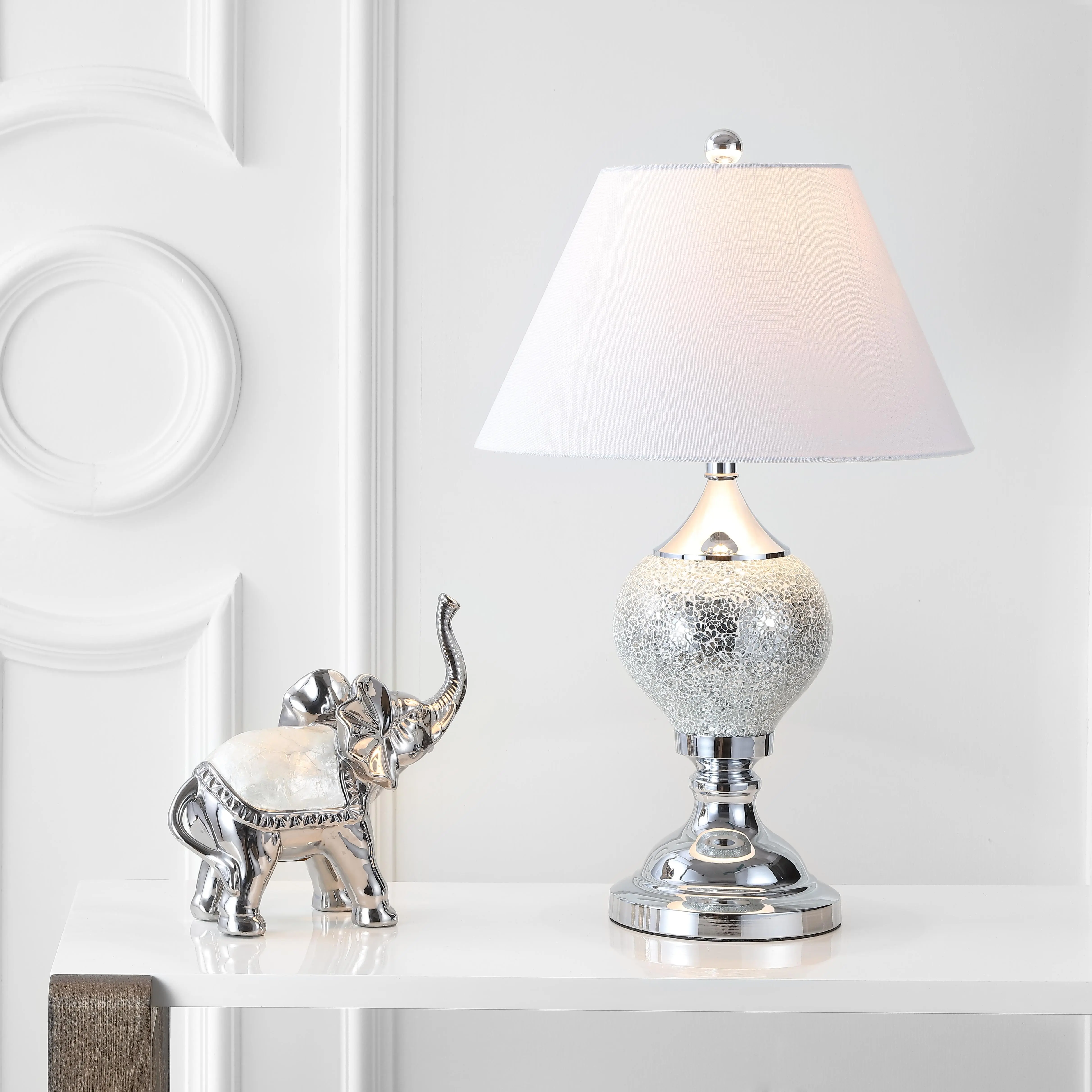 JONATHAN Y Louise Mirrored Mosaic Metal Table Lamp 27", Silver/Chrome | Glam Contemporary, White Linen Empire Shade, Spindle-Inspired Base, Rotary Switch, Silk Cord, LED Bulb Included