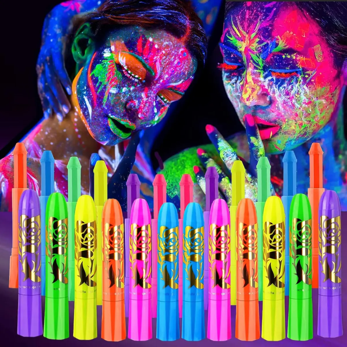 12Pcs UV Glow Face & Body Paint Sticks, Neon Black Light Painting Kit