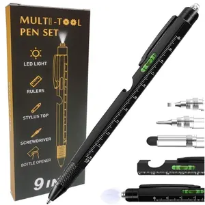 9 in 1 Multitool Pen,including ballpoint pen / flat head screwdriver / Phillips screwdriver / stylus / bottle opener (also be a phone holder) / bubble level / ruler / LED light,Gift for Men Dad Husband,Cool Gadgets Pocket Multi Tool (Black)