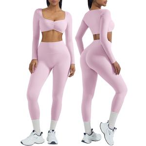 OMKAGI 2 Piece Workout Sets for Women Long Sleeve Padded Sports Bra High Waisted Gym Outfits with Pocket