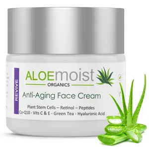 AloeMoist Organics Revive Anti-Aging Face Cream with Plant Stem Cells & Hyaluronic Acid 50G for Wrinkle & Age-Defying Skin Repair Moisturizers Pigmentation Redness Sensitive Vitamins