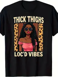 Men's & Women's Juneteen Thick Thighs Loc'd Vibes T-Shirt - 220GSM Pure Cotton Retro Graphic Tee with Locust/loc Dreadlock Print, Round Neck Casual Streetwear for Unisex Year-Round