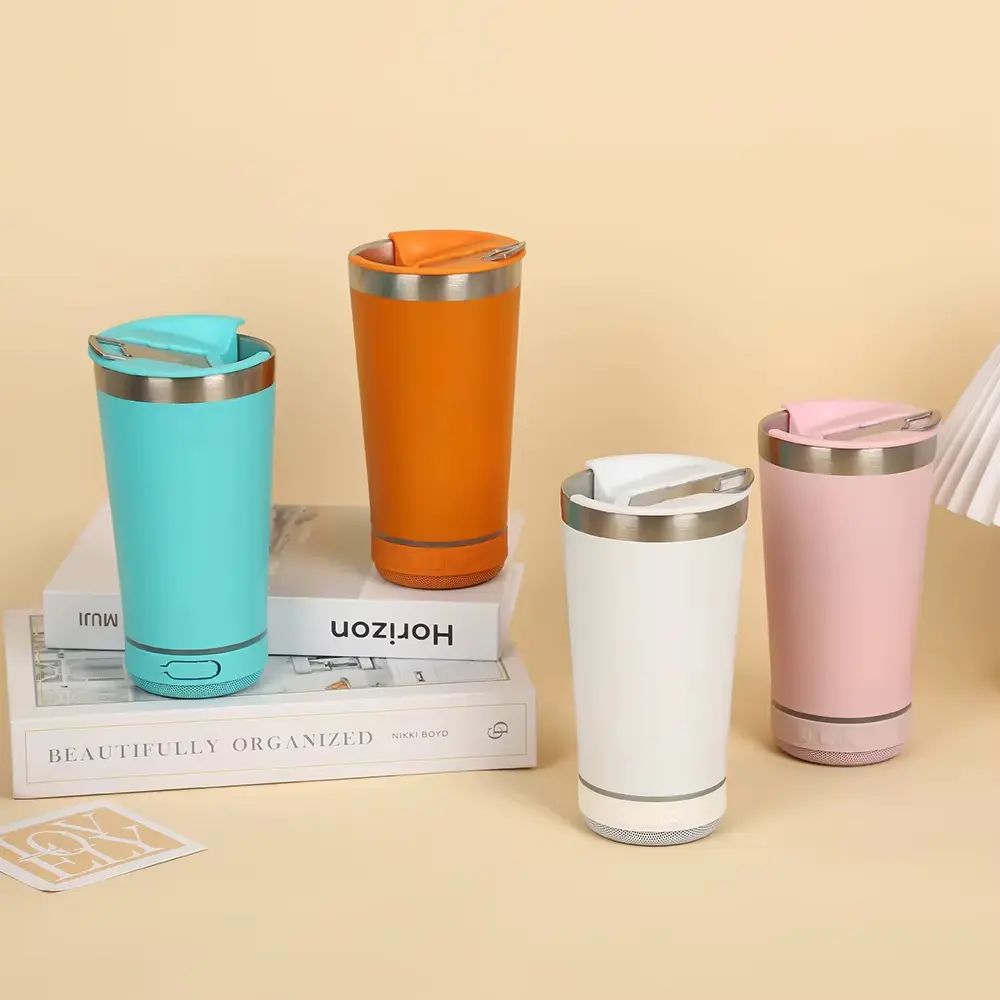 BrawRing Stainless Steel 16.oz Nsulated MUG With Built-in Bluetooth Speaker Rechargeable Wireless Multi-color LED Lights Prefect Gift