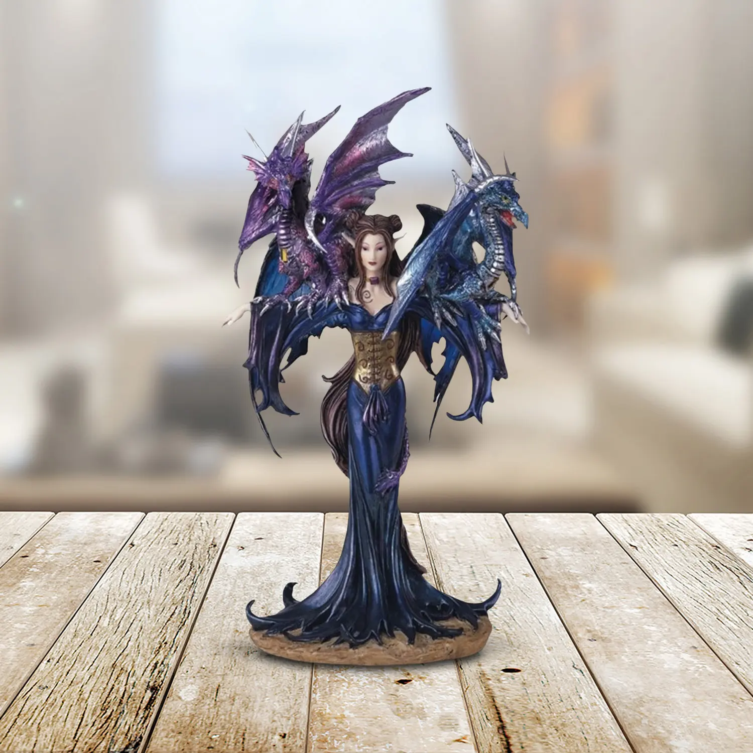 10.25"H Blue Fairy with Two Dragons Statue Fantasy Decoration Figurine