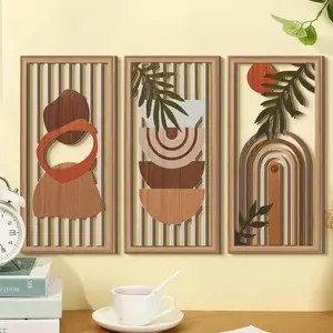 Modern Simple Wood Rectangular Wall Art Decor, Abstract Leaf Vintage Cutout Geometric Design, Living Room Bedroom Home Decoration DIY Stick-On