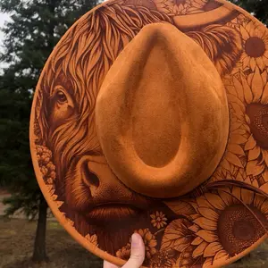 Sunflower Adult Highland Cow Engraved Fedora with Adjustable Band for Comfortable Fit 20-24.5 Inches