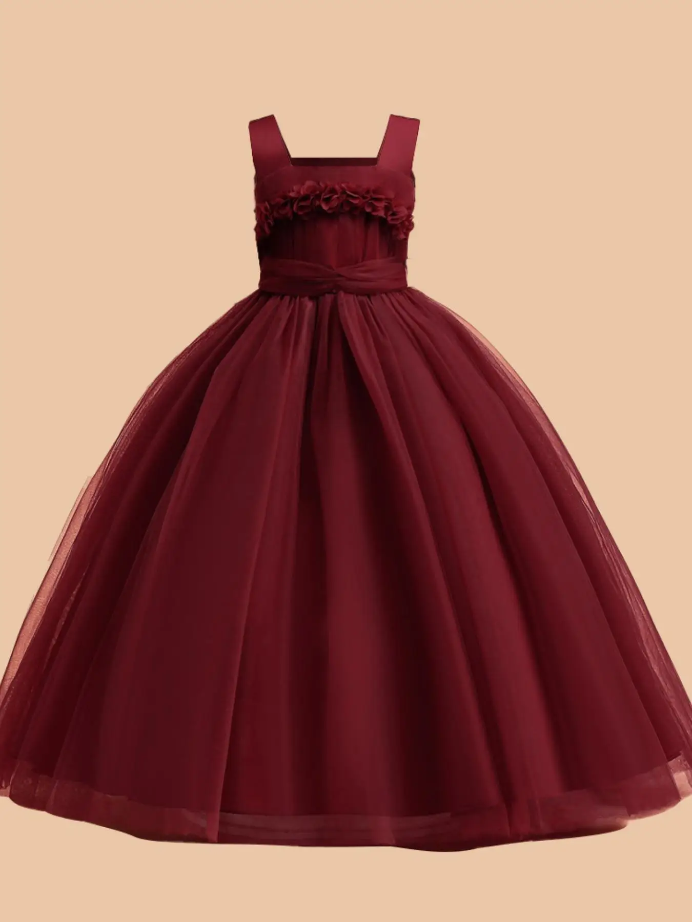 Girl's Appliques Decor Square Neck Tulle Formal Dress, Elegant Sleeveless Fit & Flare Dress for Party Performance Wedding Guest, Kids Clothes for All