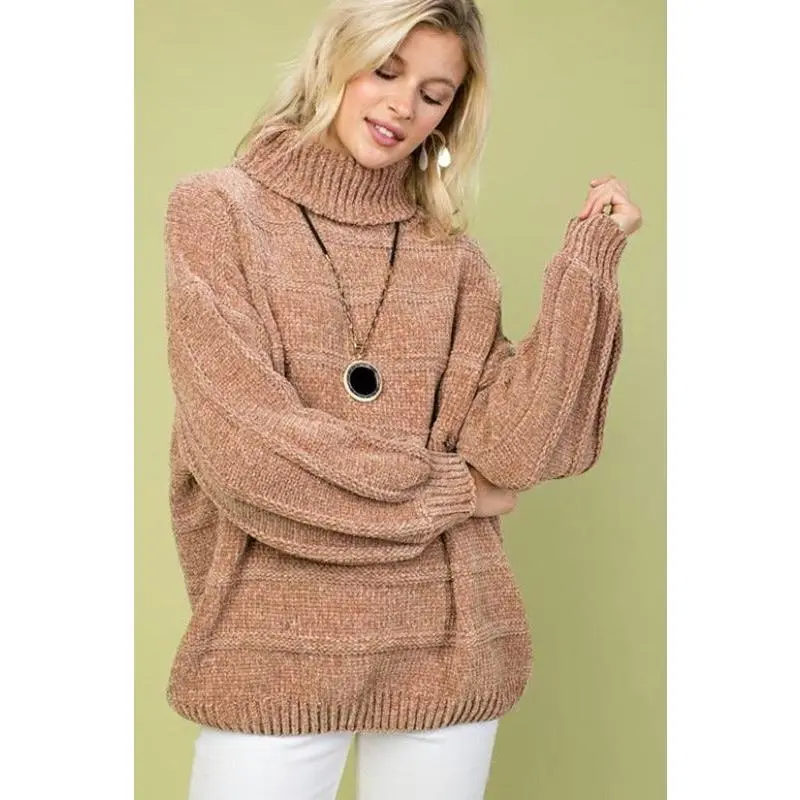 Main Strip Chenille Turtleneck Sweater Top - Camel