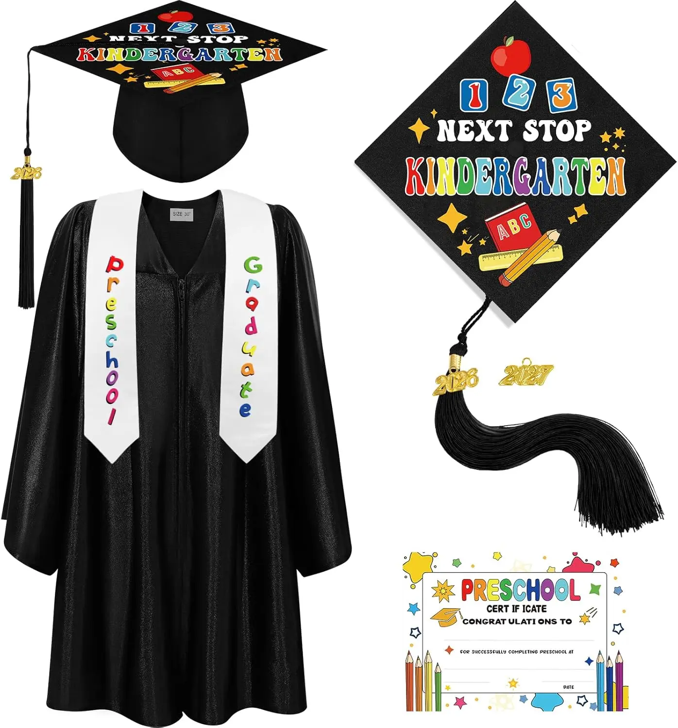 Toddlers' Solid 4-Piece Graduation Costume Set - Cap, Gown, 2026 Tassel, Stole & Certificate for Preschool Ceremonies