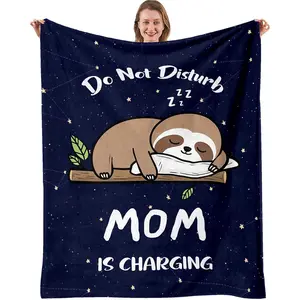 Gifts for Mom Blanket, Moms Gifts from Daughter Son, Mothers Day Birthday Gift for Mommy, Mom is Charging Sloth Throw Blanket 50" x 60", Printed on One Side with a Plain White Back, Halloween Thanksgiving Christmas Gift