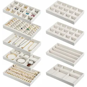9 Set   Drawer Organizer Inserts, Stackable  Organizer Trays with Removable Dividers, Jewelrys Storage Display Tray, for Earring Ring Necklace Watch Bracelet, Beige