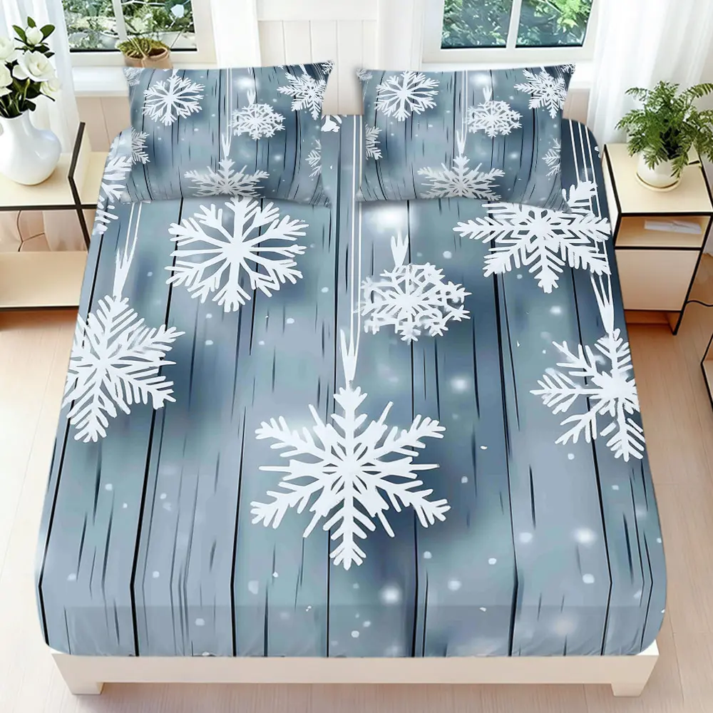 2/3 Pcs 2D Flat Winter Snowflake Fitted Sheet Set Snowflake Bedding Set Quilt Cover 1 Fitted Sheet + 1/2 Pillowcases Snowflake Top Sheet Decorative Bedding Bedroom Decor